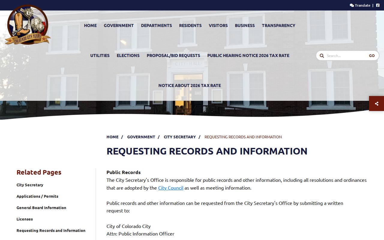 Colorado City public information request instructions for arrest records