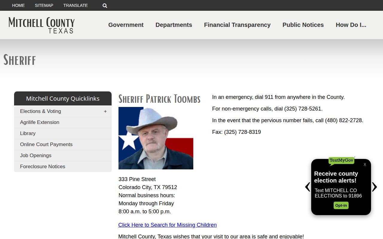 Mitchell County Sheriff booking record contact page