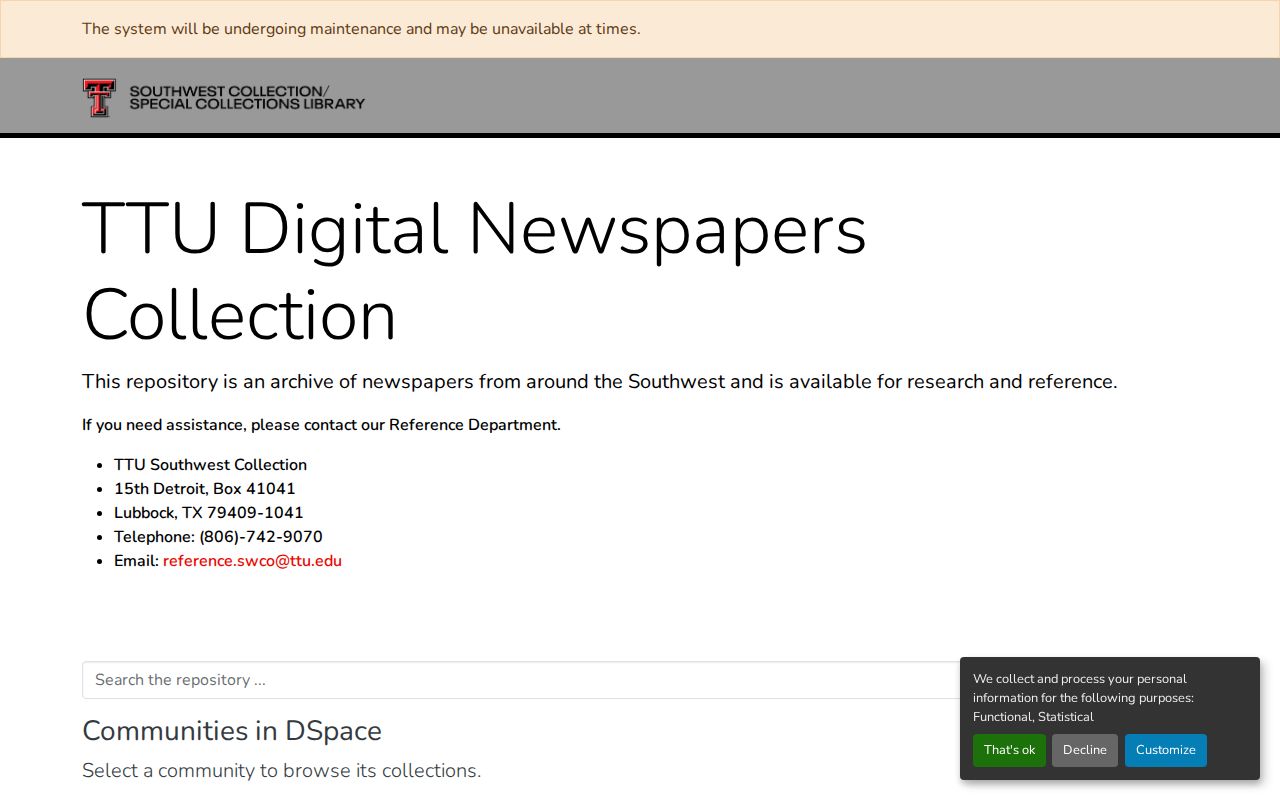 Texas Tech archive interface for Mitchell County crime news records